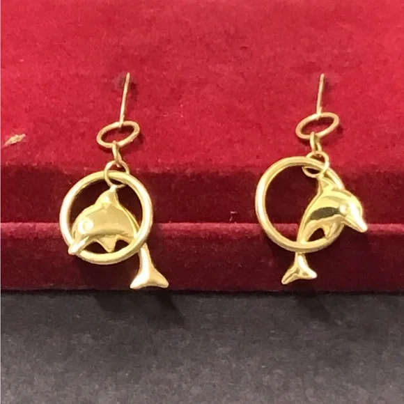 Gold 14k Dolphin jumping through Hoop Drop Earrings Rare vintage ret $850 - Picture 4 of 12